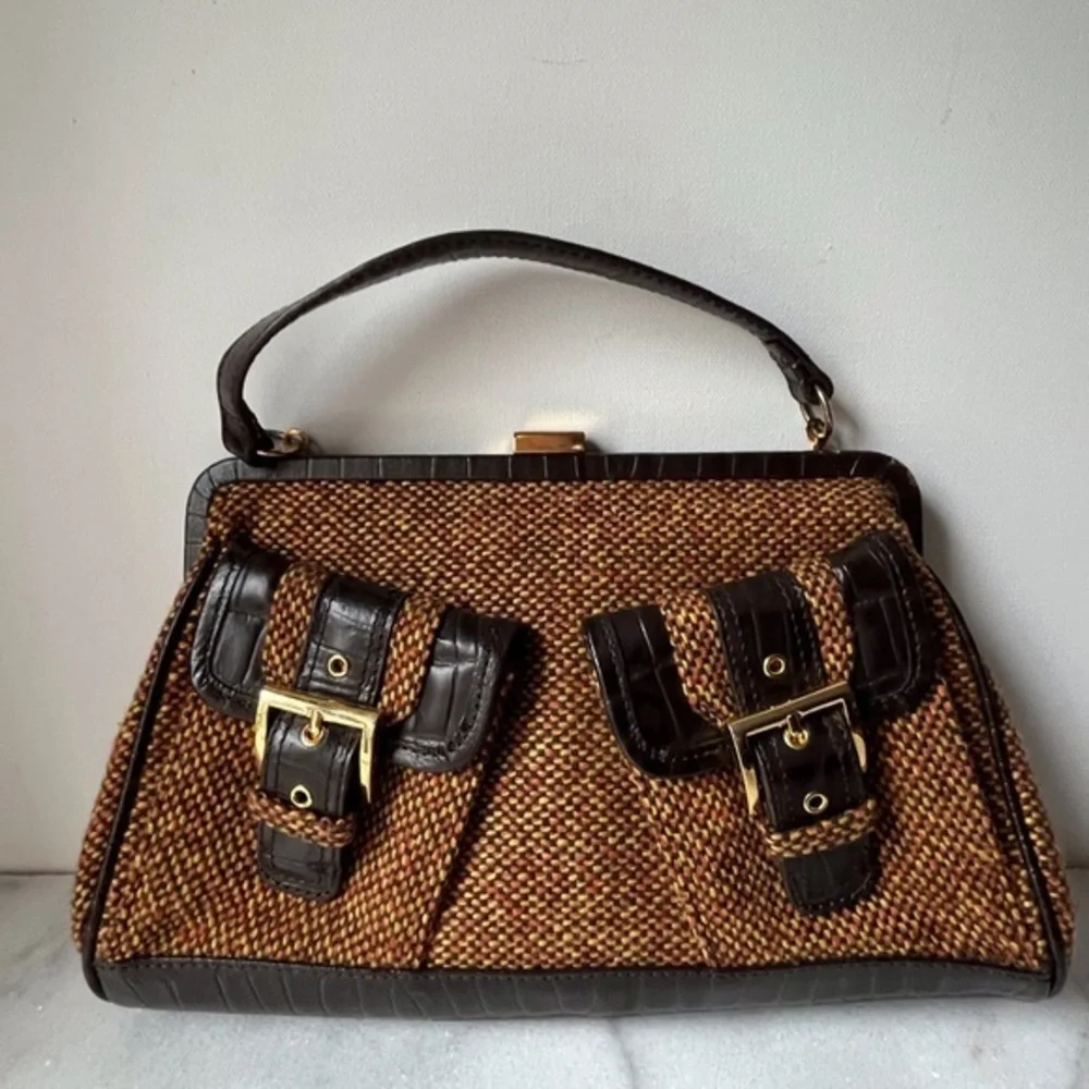 Vintage tweet fabric with a leather trim purse,bag by Firenze